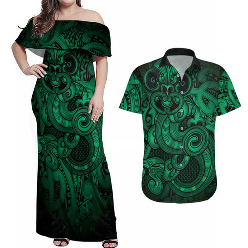 Aotearoa Maori Hei Tiki Couples Matching Off Shoulder Maxi Dress and Hawaiian Shirt Kakariki Kowhaiwhai Puhoro Motif