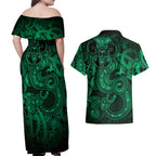 Aotearoa Maori Hei Tiki Couples Matching Off Shoulder Maxi Dress and Hawaiian Shirt Kakariki Kowhaiwhai Puhoro Motif