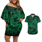 Aotearoa Maori Hei Tiki Couples Matching Off Shoulder Short Dress and Hawaiian Shirt Kakariki Kowhaiwhai Puhoro Motif