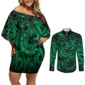 Aotearoa Maori Hei Tiki Couples Matching Off Shoulder Short Dress and Long Sleeve Button Shirt Kakariki Kowhaiwhai Puhoro Motif