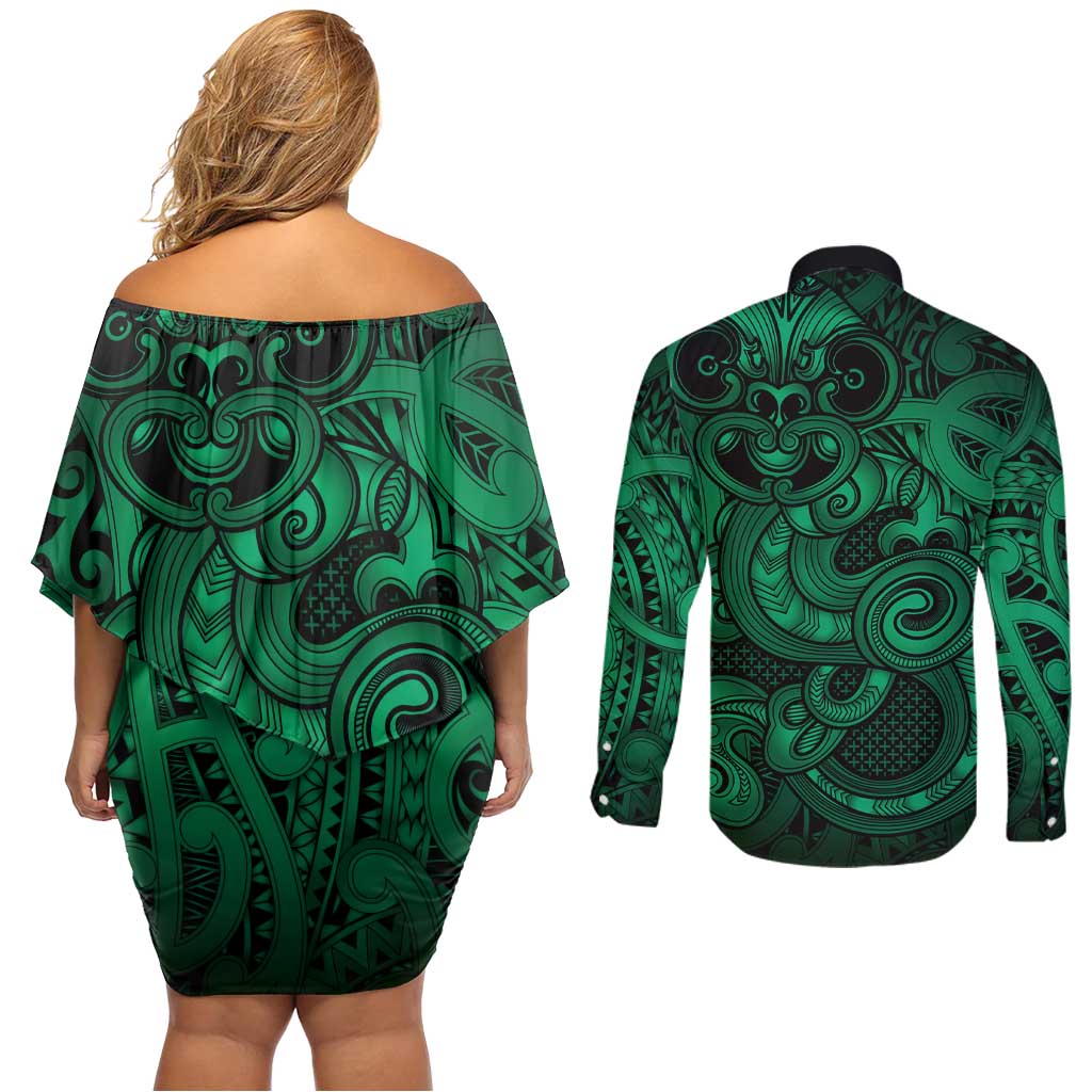 Aotearoa Maori Hei Tiki Couples Matching Off Shoulder Short Dress and Long Sleeve Button Shirt Kakariki Kowhaiwhai Puhoro Motif