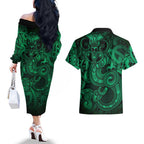 Aotearoa Maori Hei Tiki Couples Matching Off The Shoulder Long Sleeve Dress and Hawaiian Shirt Kakariki Kowhaiwhai Puhoro Motif