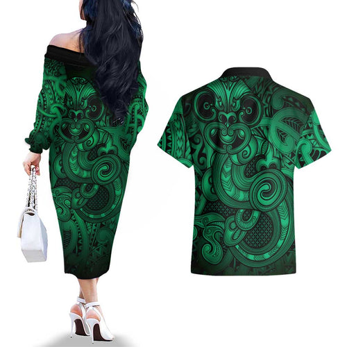 Aotearoa Maori Hei Tiki Couples Matching Off The Shoulder Long Sleeve Dress and Hawaiian Shirt Kakariki Kowhaiwhai Puhoro Motif
