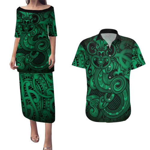 Aotearoa Maori Hei Tiki Couples Matching Puletasi and Hawaiian Shirt Kakariki Kowhaiwhai Puhoro Motif
