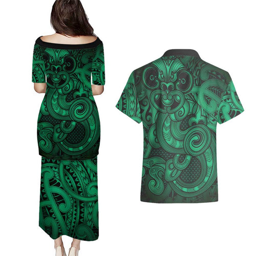 Aotearoa Maori Hei Tiki Couples Matching Puletasi and Hawaiian Shirt Kakariki Kowhaiwhai Puhoro Motif