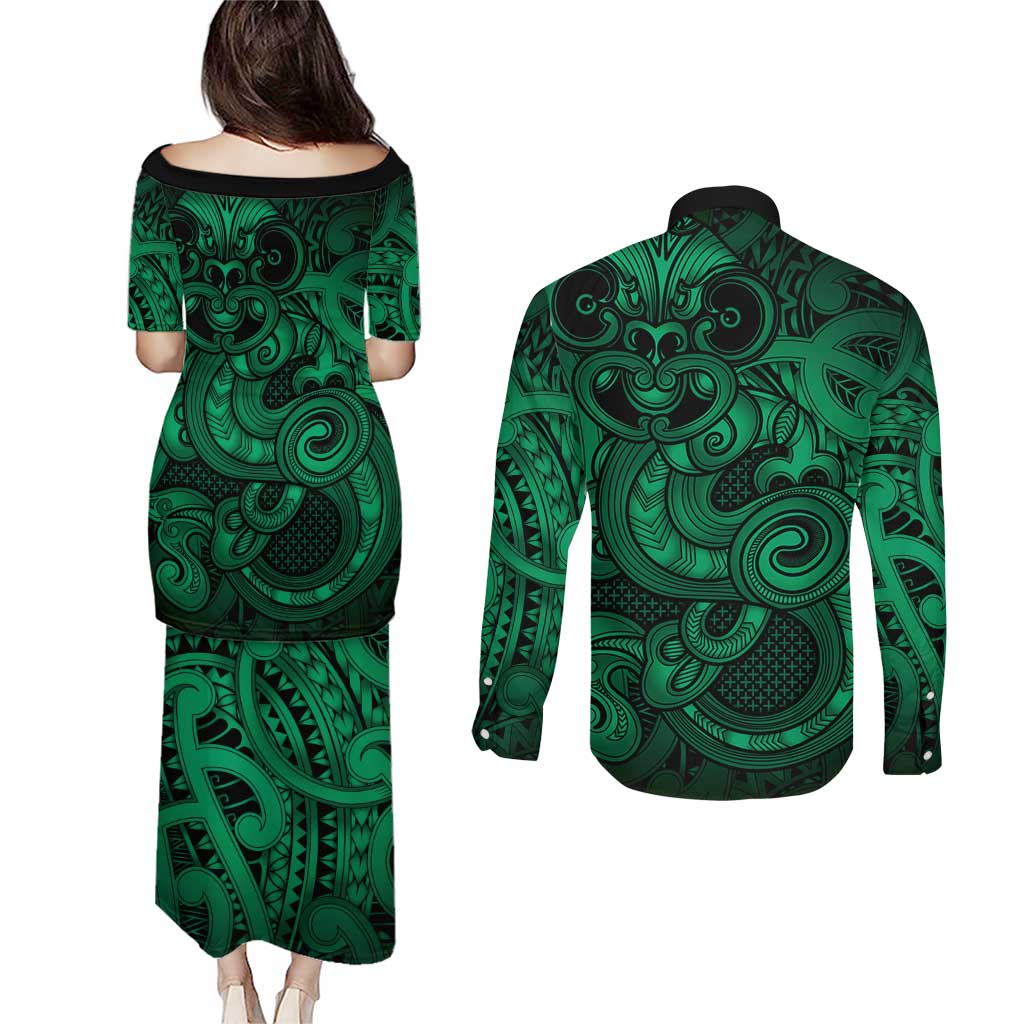 Aotearoa Maori Hei Tiki Couples Matching Puletasi and Long Sleeve Button Shirt Kakariki Kowhaiwhai Puhoro Motif