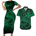 Aotearoa Maori Hei Tiki Couples Matching Short Sleeve Bodycon Dress and Hawaiian Shirt Kakariki Kowhaiwhai Puhoro Motif