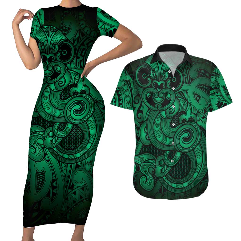 Aotearoa Maori Hei Tiki Couples Matching Short Sleeve Bodycon Dress and Hawaiian Shirt Kakariki Kowhaiwhai Puhoro Motif