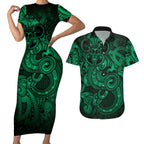 Aotearoa Maori Hei Tiki Couples Matching Short Sleeve Bodycon Dress and Hawaiian Shirt Kakariki Kowhaiwhai Puhoro Motif