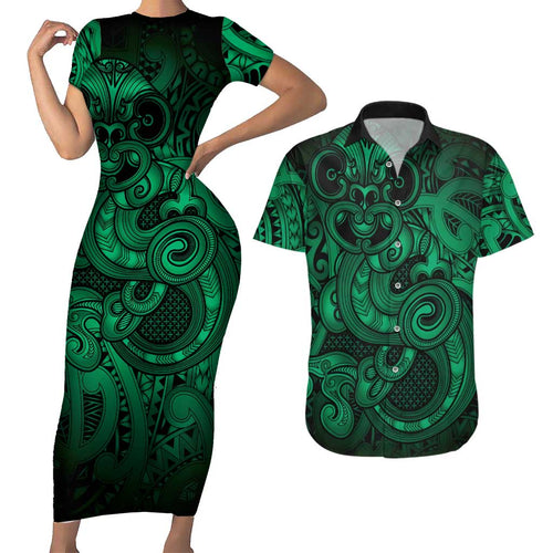 Aotearoa Maori Hei Tiki Couples Matching Short Sleeve Bodycon Dress and Hawaiian Shirt Kakariki Kowhaiwhai Puhoro Motif