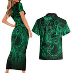 Aotearoa Maori Hei Tiki Couples Matching Short Sleeve Bodycon Dress and Hawaiian Shirt Kakariki Kowhaiwhai Puhoro Motif