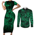Aotearoa Maori Hei Tiki Couples Matching Short Sleeve Bodycon Dress and Long Sleeve Button Shirt Kakariki Kowhaiwhai Puhoro Motif
