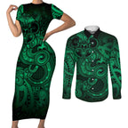 Aotearoa Maori Hei Tiki Couples Matching Short Sleeve Bodycon Dress and Long Sleeve Button Shirt Kakariki Kowhaiwhai Puhoro Motif