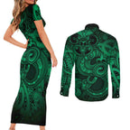 Aotearoa Maori Hei Tiki Couples Matching Short Sleeve Bodycon Dress and Long Sleeve Button Shirt Kakariki Kowhaiwhai Puhoro Motif