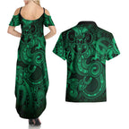 Aotearoa Maori Hei Tiki Couples Matching Summer Maxi Dress and Hawaiian Shirt Kakariki Kowhaiwhai Puhoro Motif