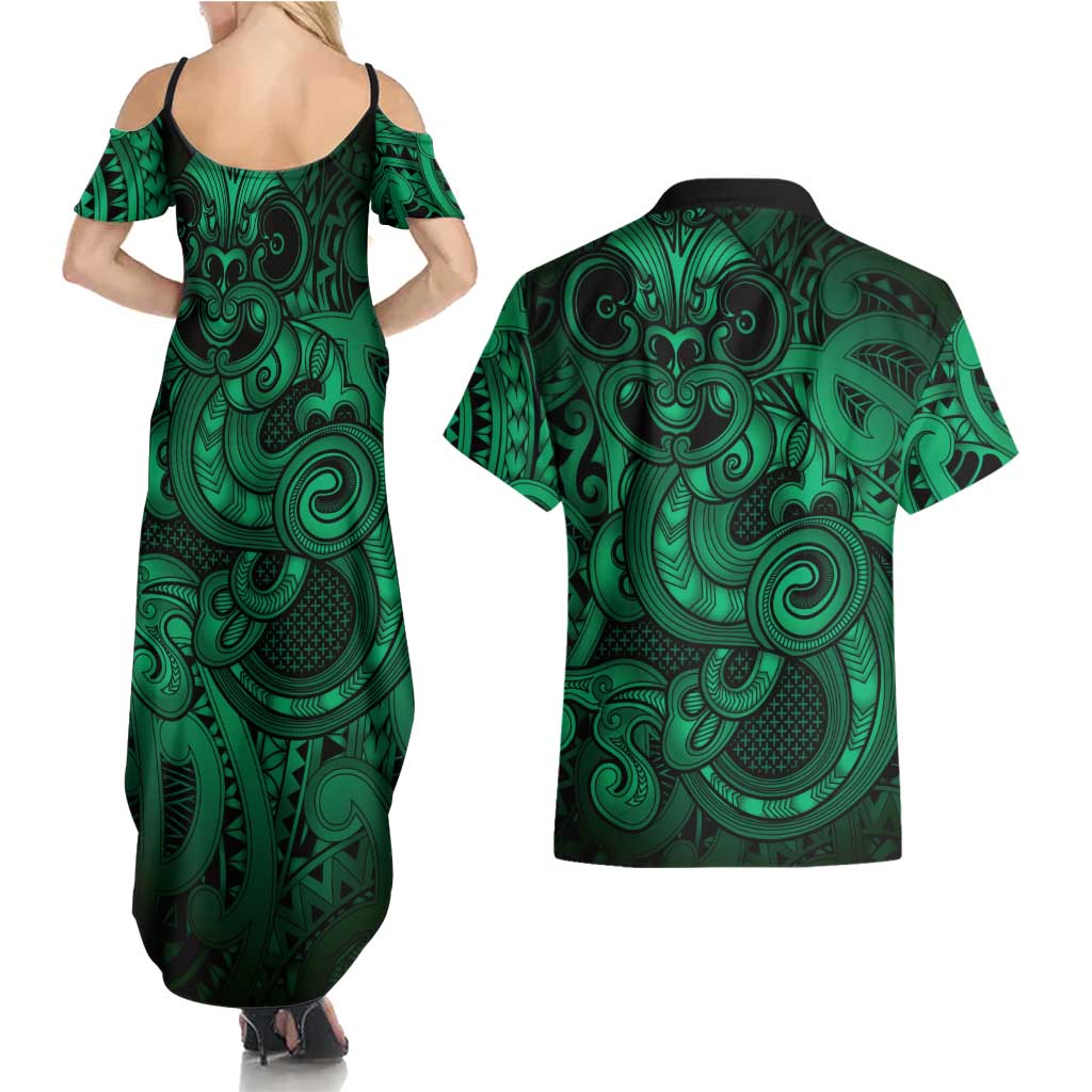 Aotearoa Maori Hei Tiki Couples Matching Summer Maxi Dress and Hawaiian Shirt Kakariki Kowhaiwhai Puhoro Motif