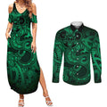 Aotearoa Maori Hei Tiki Couples Matching Summer Maxi Dress and Long Sleeve Button Shirt Kakariki Kowhaiwhai Puhoro Motif