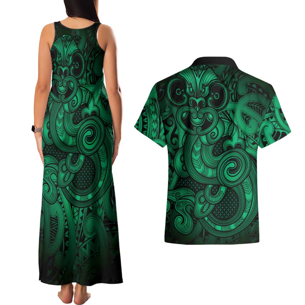Aotearoa Maori Hei Tiki Couples Matching Tank Maxi Dress and Hawaiian Shirt Kakariki Kowhaiwhai Puhoro Motif