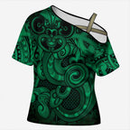 Aotearoa Maori Hei Tiki Cross Shoulder Shirt Kakariki Kowhaiwhai Puhoro Motif