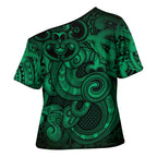 Aotearoa Maori Hei Tiki Cross Shoulder Shirt Kakariki Kowhaiwhai Puhoro Motif