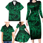 Aotearoa Maori Hei Tiki Family Matching Long Sleeve Bodycon Dress and Hawaiian Shirt Kakariki Kowhaiwhai Puhoro Motif