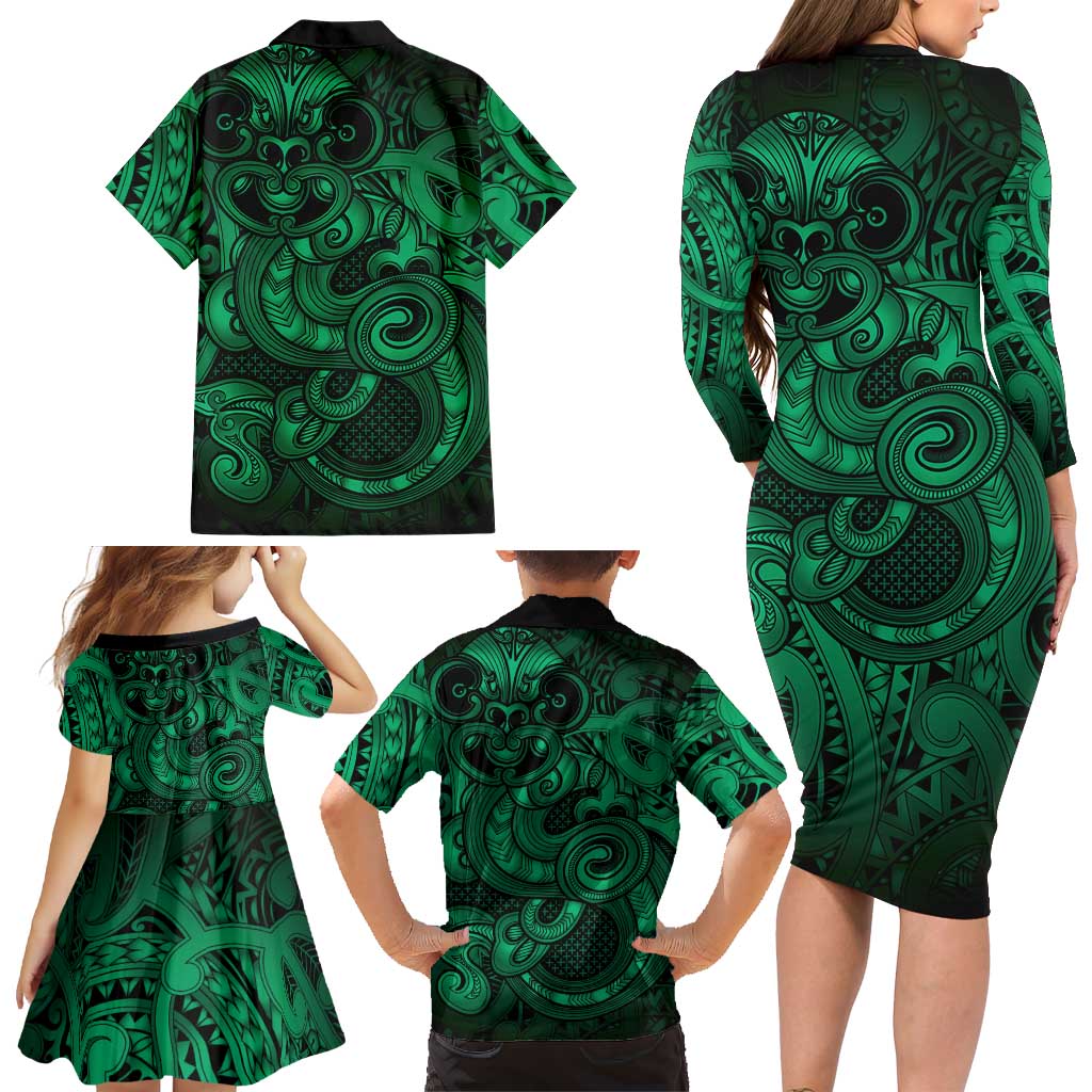 Aotearoa Maori Hei Tiki Family Matching Long Sleeve Bodycon Dress and Hawaiian Shirt Kakariki Kowhaiwhai Puhoro Motif