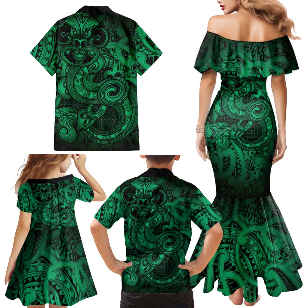 Aotearoa Maori Hei Tiki Family Matching Mermaid Dress and Hawaiian Shirt Kakariki Kowhaiwhai Puhoro Motif