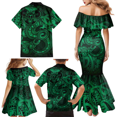 Aotearoa Maori Hei Tiki Family Matching Mermaid Dress and Hawaiian Shirt Kakariki Kowhaiwhai Puhoro Motif