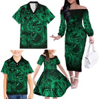 Aotearoa Maori Hei Tiki Family Matching Off The Shoulder Long Sleeve Dress and Hawaiian Shirt Kakariki Kowhaiwhai Puhoro Motif