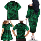 Aotearoa Maori Hei Tiki Family Matching Off The Shoulder Long Sleeve Dress and Hawaiian Shirt Kakariki Kowhaiwhai Puhoro Motif