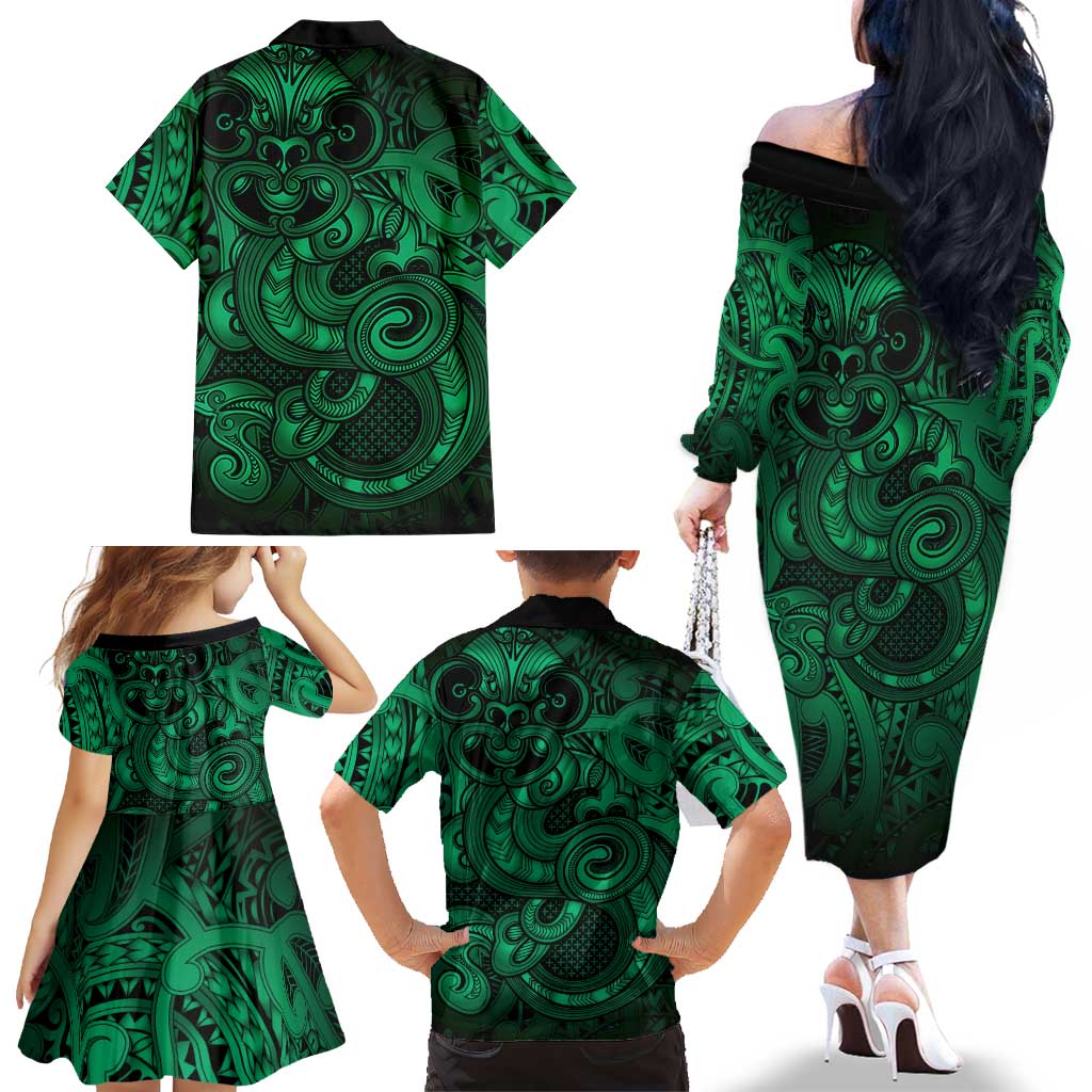 Aotearoa Maori Hei Tiki Family Matching Off The Shoulder Long Sleeve Dress and Hawaiian Shirt Kakariki Kowhaiwhai Puhoro Motif