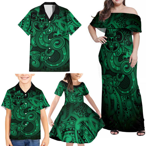 Aotearoa Maori Hei Tiki Family Matching Off Shoulder Maxi Dress and Hawaiian Shirt Kakariki Kowhaiwhai Puhoro Motif