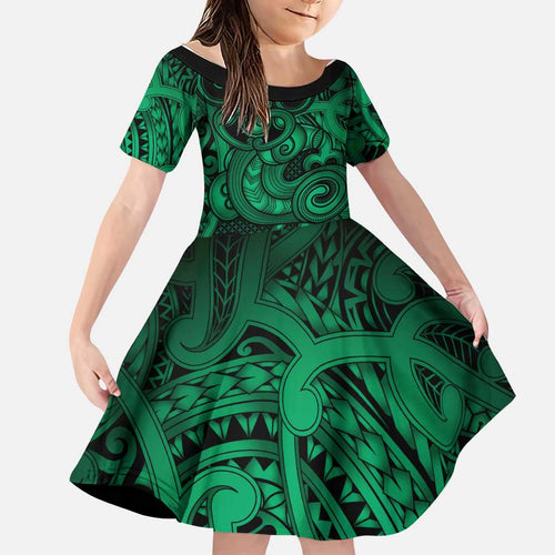 Aotearoa Maori Hei Tiki Family Matching Off Shoulder Maxi Dress and Hawaiian Shirt Kakariki Kowhaiwhai Puhoro Motif