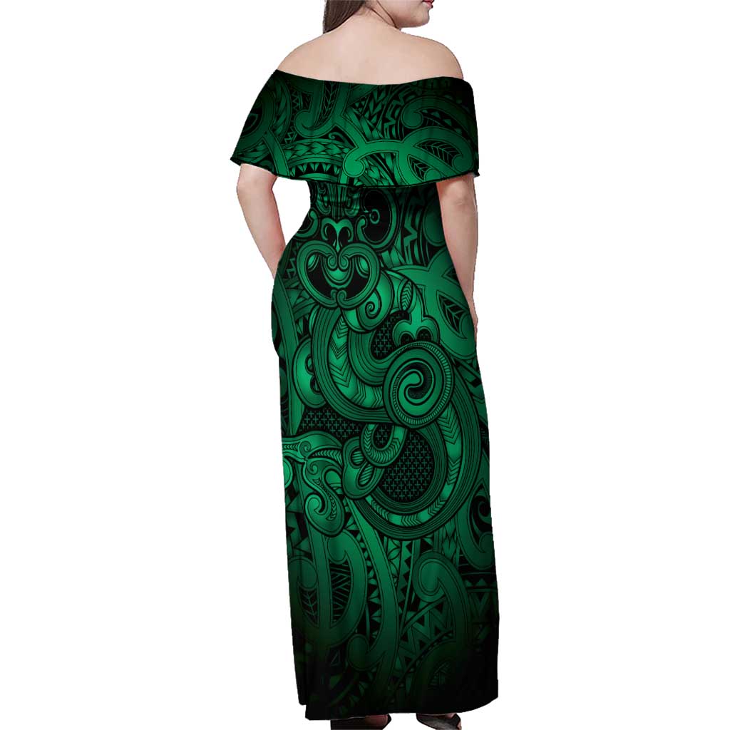 Aotearoa Maori Hei Tiki Family Matching Off Shoulder Maxi Dress and Hawaiian Shirt Kakariki Kowhaiwhai Puhoro Motif