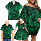 Aotearoa Maori Hei Tiki Family Matching Off Shoulder Short Dress and Hawaiian Shirt Kakariki Kowhaiwhai Puhoro Motif