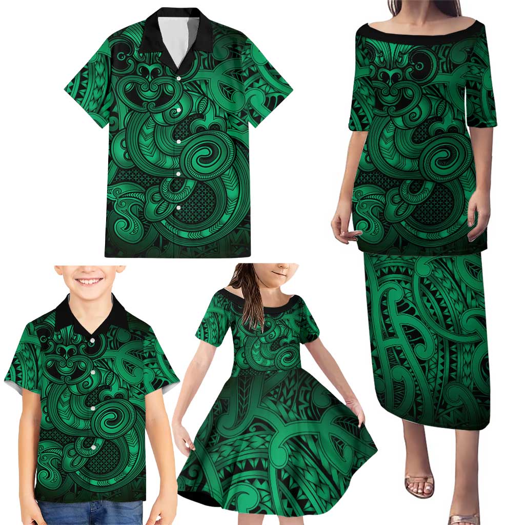 Aotearoa Maori Hei Tiki Family Matching Puletasi and Hawaiian Shirt Kakariki Kowhaiwhai Puhoro Motif
