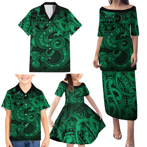 Aotearoa Maori Hei Tiki Family Matching Puletasi and Hawaiian Shirt Kakariki Kowhaiwhai Puhoro Motif