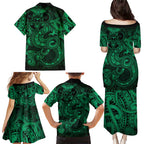 Aotearoa Maori Hei Tiki Family Matching Puletasi and Hawaiian Shirt Kakariki Kowhaiwhai Puhoro Motif
