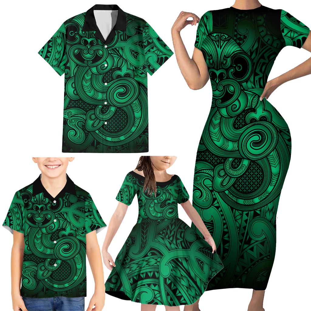 Aotearoa Maori Hei Tiki Family Matching Short Sleeve Bodycon Dress and Hawaiian Shirt Kakariki Kowhaiwhai Puhoro Motif
