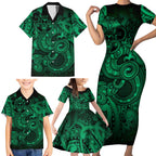 Aotearoa Maori Hei Tiki Family Matching Short Sleeve Bodycon Dress and Hawaiian Shirt Kakariki Kowhaiwhai Puhoro Motif