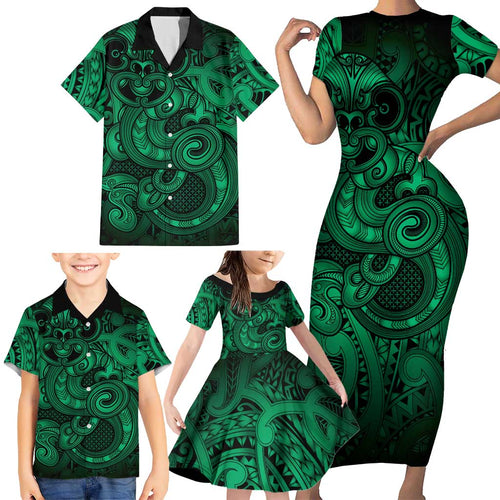 Aotearoa Maori Hei Tiki Family Matching Short Sleeve Bodycon Dress and Hawaiian Shirt Kakariki Kowhaiwhai Puhoro Motif