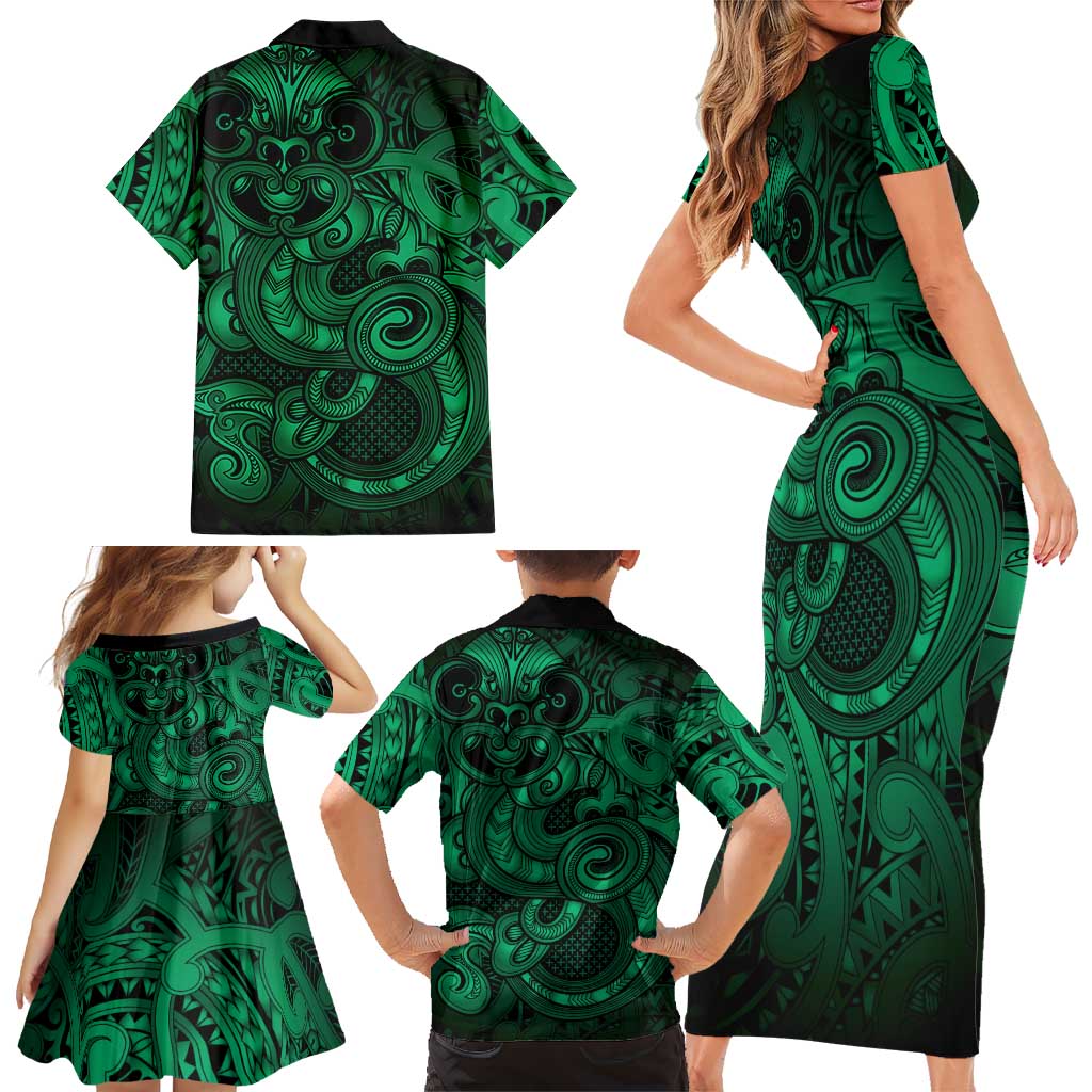 Aotearoa Maori Hei Tiki Family Matching Short Sleeve Bodycon Dress and Hawaiian Shirt Kakariki Kowhaiwhai Puhoro Motif