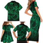 Aotearoa Maori Hei Tiki Family Matching Short Sleeve Bodycon Dress and Hawaiian Shirt Kakariki Kowhaiwhai Puhoro Motif