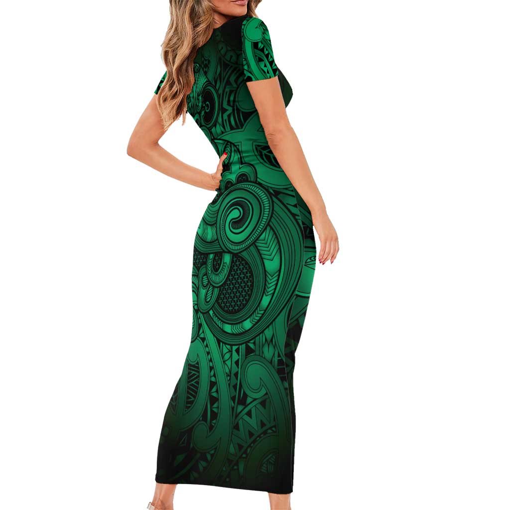 Aotearoa Maori Hei Tiki Family Matching Short Sleeve Bodycon Dress and Hawaiian Shirt Kakariki Kowhaiwhai Puhoro Motif
