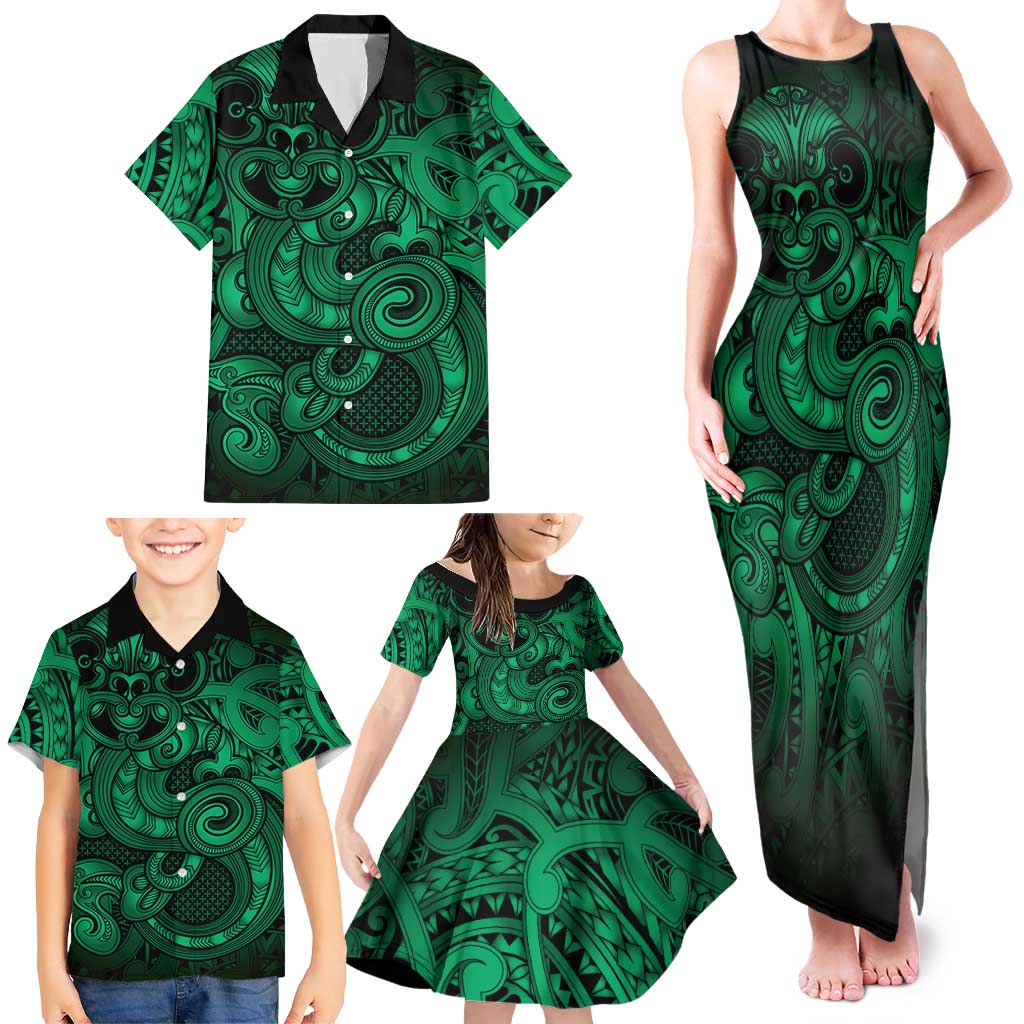 Aotearoa Maori Hei Tiki Family Matching Tank Maxi Dress and Hawaiian Shirt Kakariki Kowhaiwhai Puhoro Motif