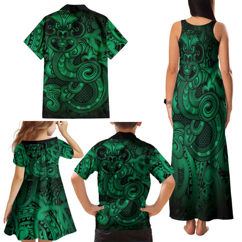 Aotearoa Maori Hei Tiki Family Matching Tank Maxi Dress and Hawaiian Shirt Kakariki Kowhaiwhai Puhoro Motif