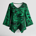 Aotearoa Maori Hei Tiki Kimono Sleeve Blouse Kakariki Kowhaiwhai Puhoro Motif