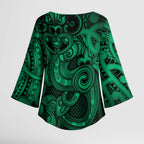 Aotearoa Maori Hei Tiki Kimono Sleeve Blouse Kakariki Kowhaiwhai Puhoro Motif