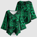 Aotearoa Maori Hei Tiki Kimono Sleeve Blouse Kakariki Kowhaiwhai Puhoro Motif