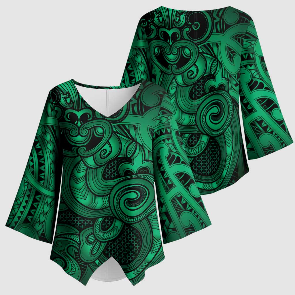 Aotearoa Maori Hei Tiki Kimono Sleeve Blouse Kakariki Kowhaiwhai Puhoro Motif